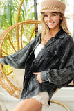 Distressed Denim Shirt Jacket with Raw Hem