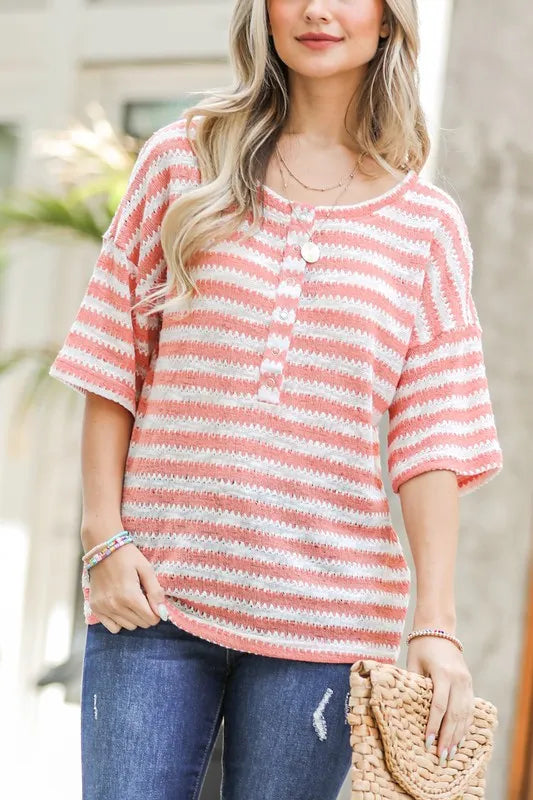 Stripe Knit Snap Button Front Casual Top