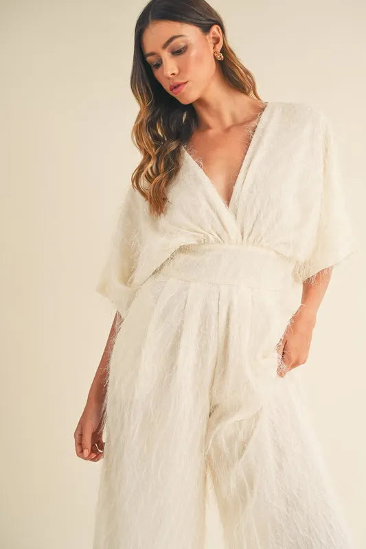 Fluffy Deep V Neck Wide Leg Jumpsuit