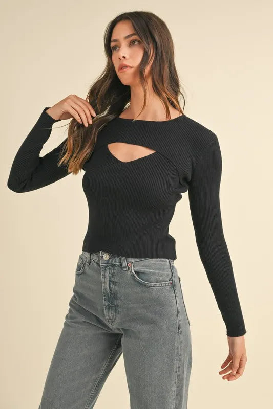 Cutout Long Sleeve Ribbed Knit Top