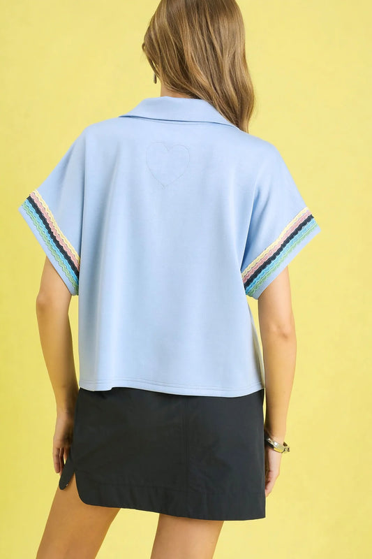 Striped Accent Half Zip Polo Blouse