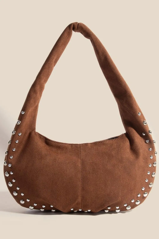 Metallic Studded Faux Suede Hand Bag