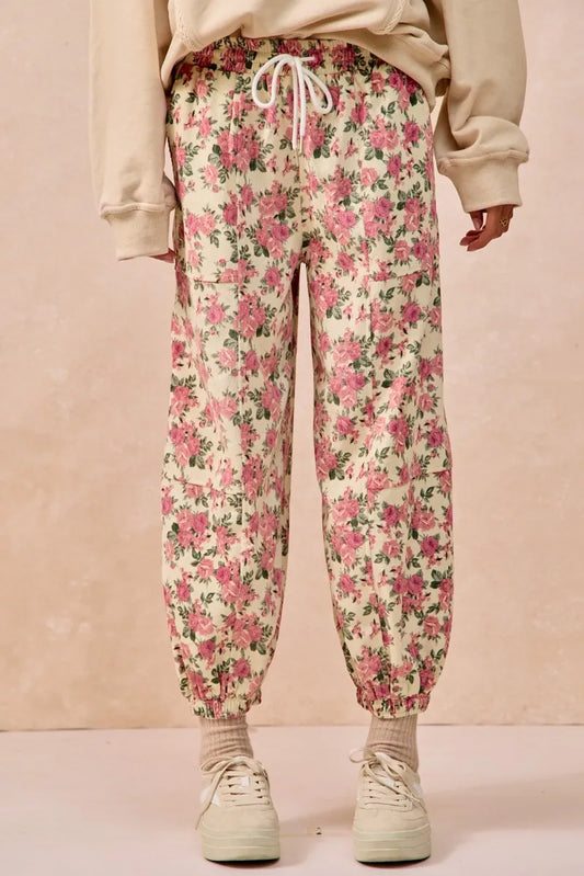 Vibrant Floral Twill Pants with Adjustable Elastic Waistband