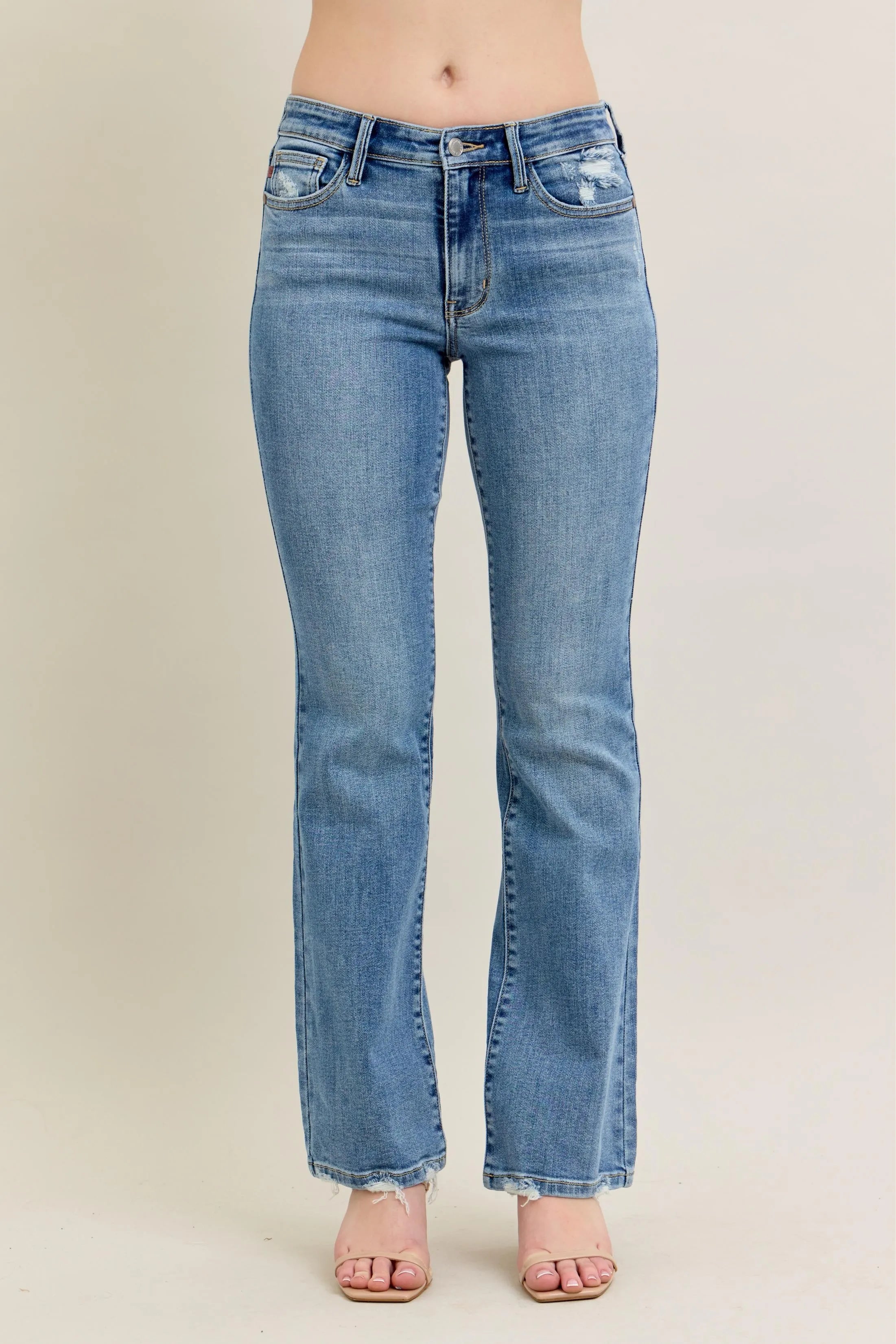 Full Size Mid Rise Distressed Edge Bootcut Denim Pants