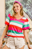 Multi Stripe Color Print Puff Sleeves V Neck Top