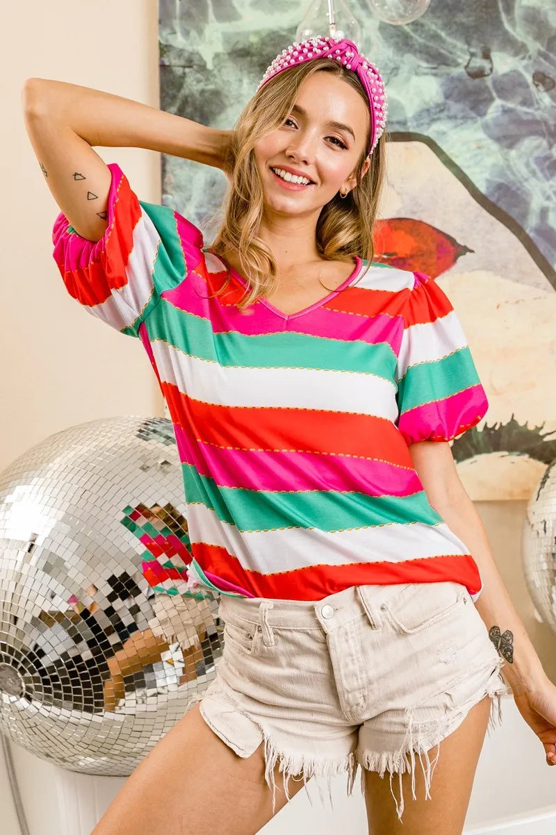 Multi Stripe Color Print Puff Sleeves V Neck Top
