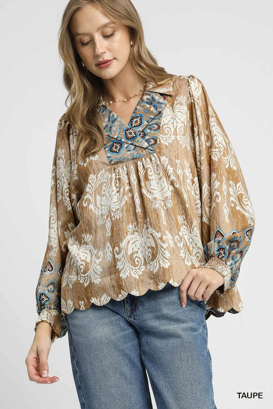Scalloped Hem Floral Boho Blouse