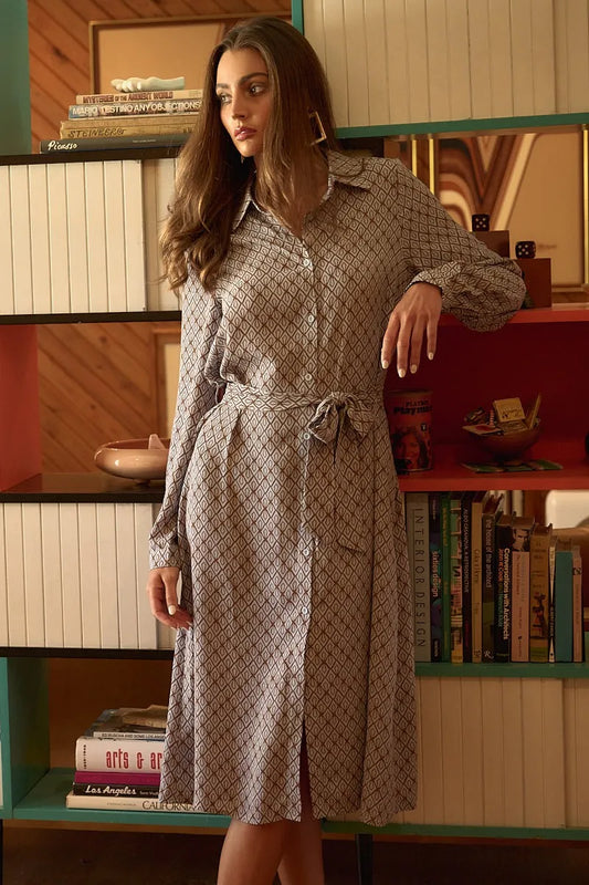 Abstract Print Waist Tie Midi Shirt Dress