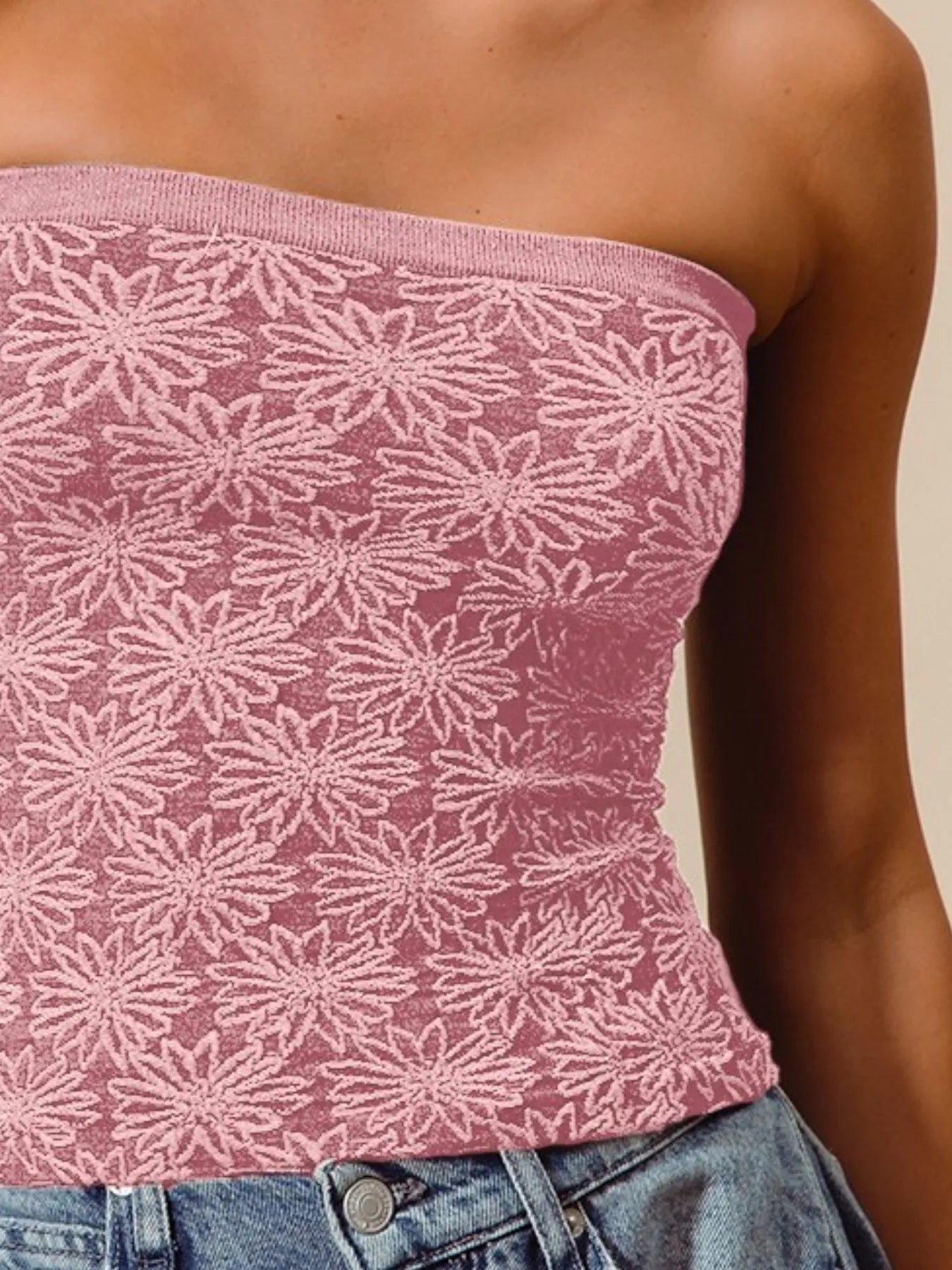 Floral Jacquard Two-Tone Seamless Tube Tank Top