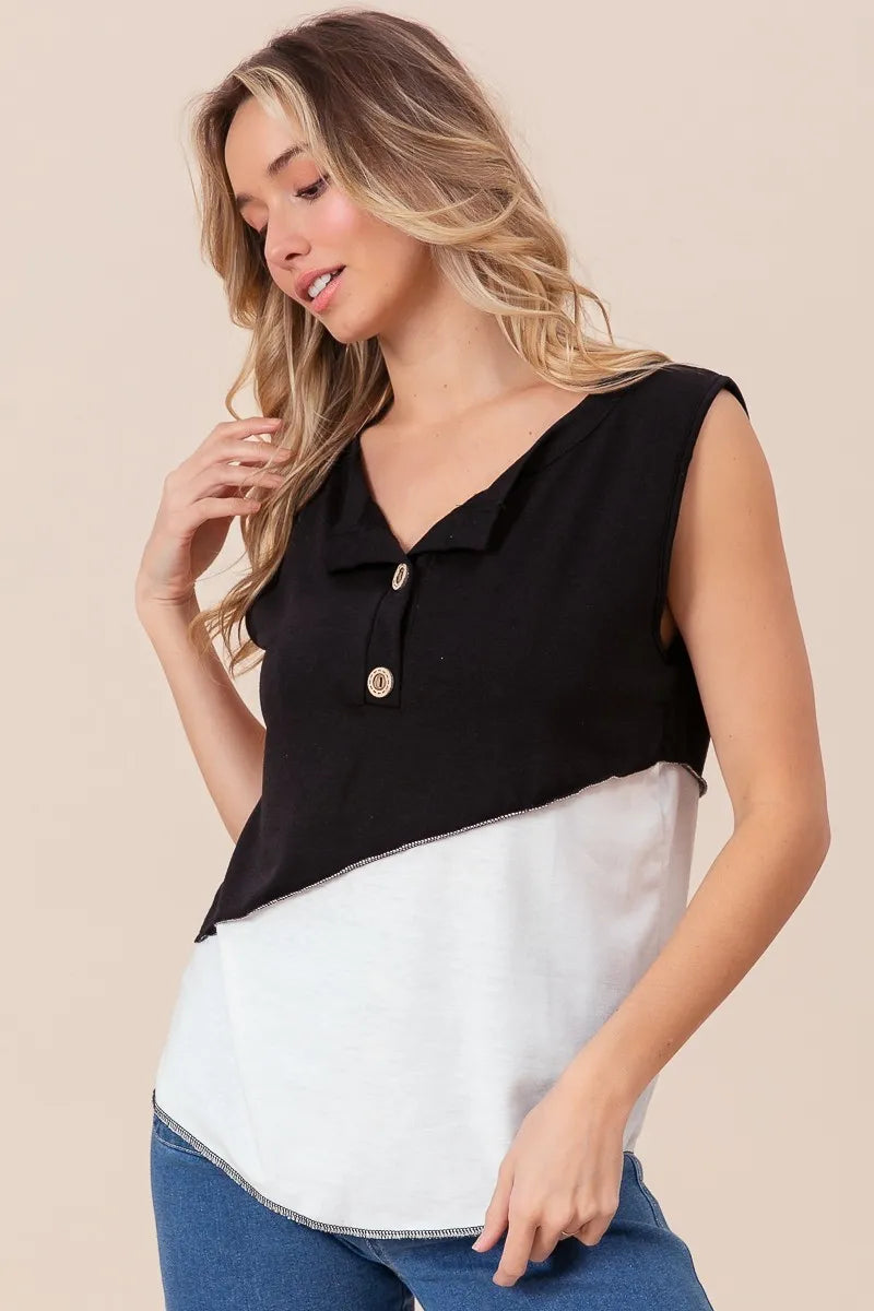 Color Block Contrast Stitching Buttoned Henley Top