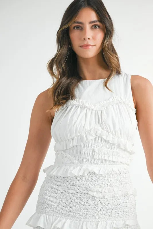 Ruffled Popcorn Smocked Mermaid Midi Dress