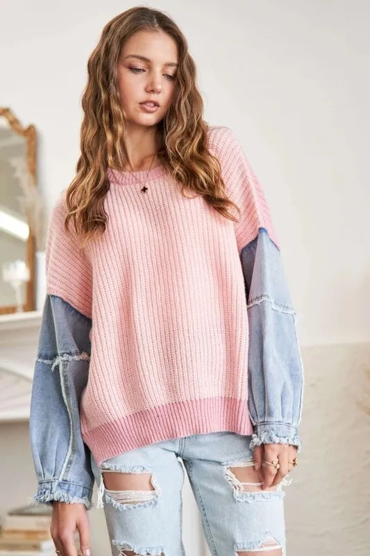 Plus Size Frayed Denim Sleeve Sweater Top