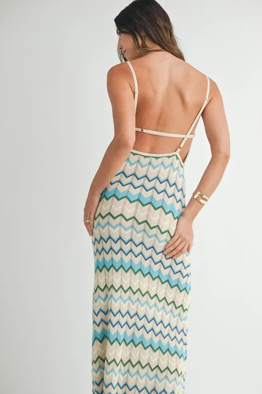 Lightweight Pointelle Chevron Knit Maxi Dress