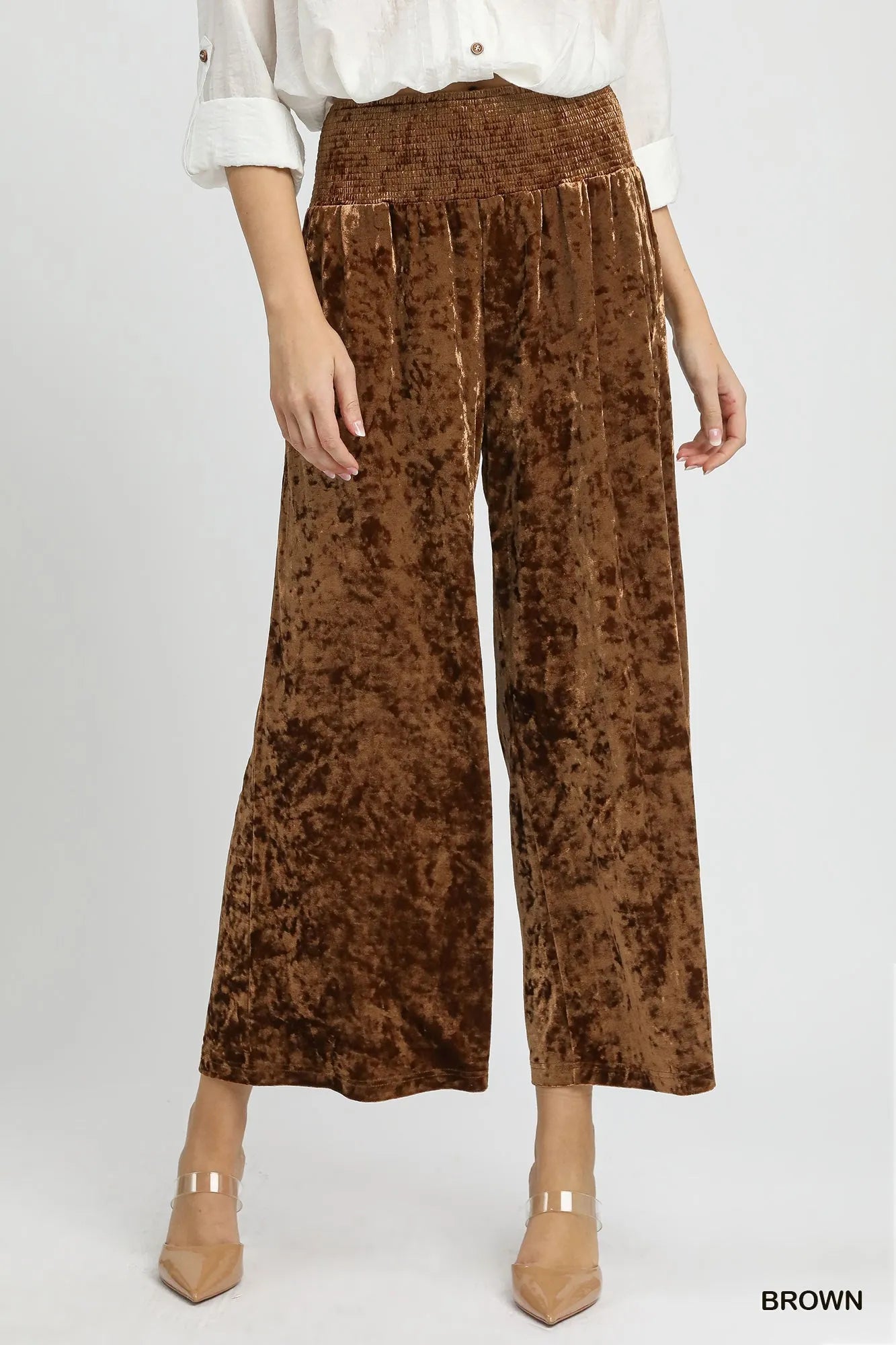 Smocked Waist Velvet Wide-Leg Pants
