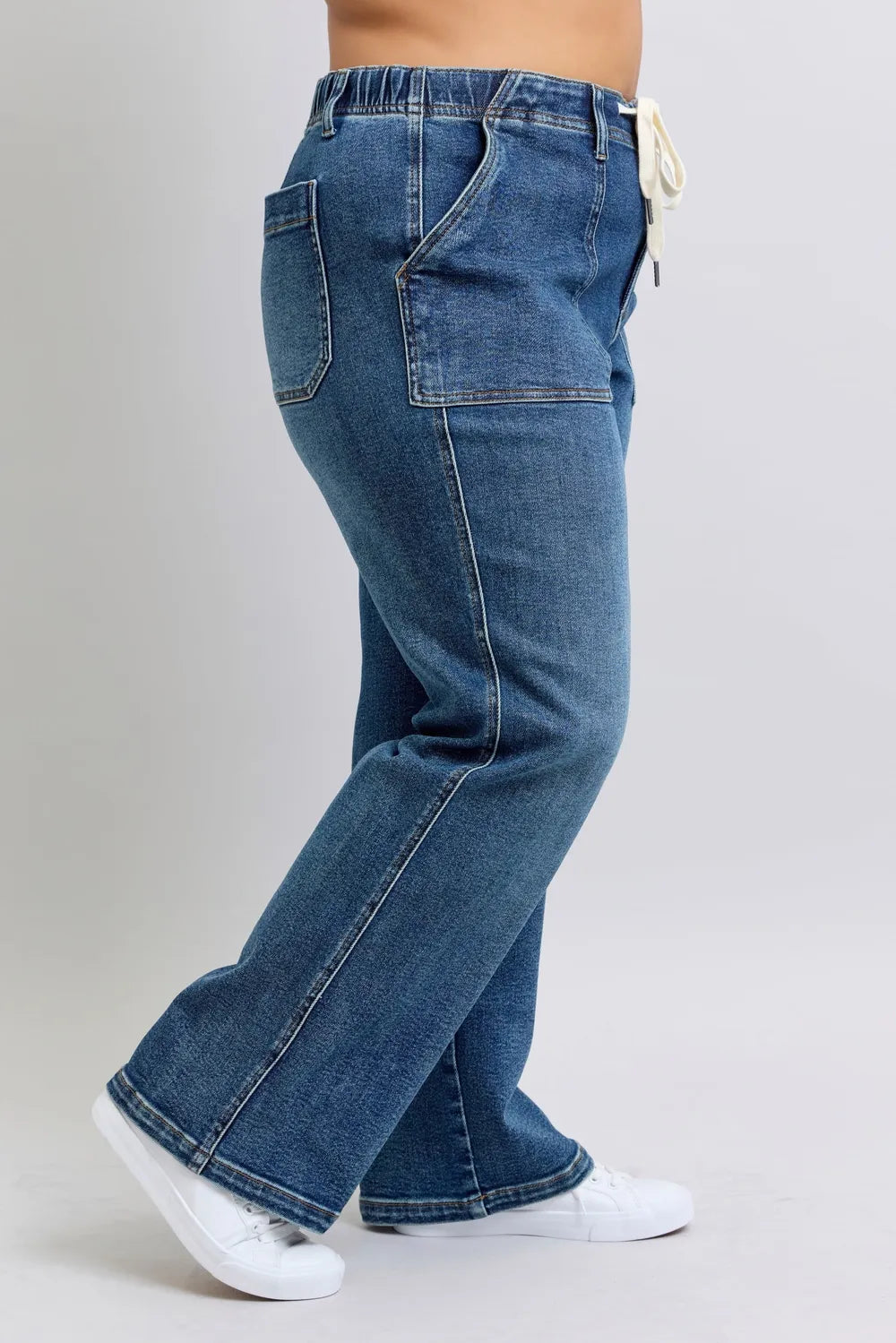 Plus Size High Waist Drawstring Wide Leg Jeans