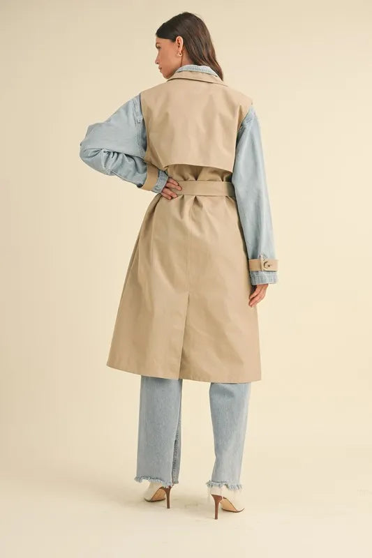 Layered Look Trench Coat With Denim Jacket