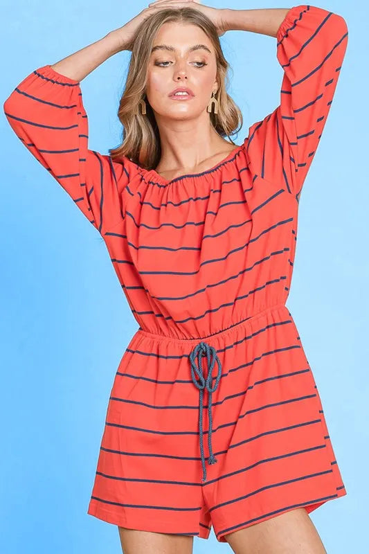 Striped Off-The-Shoulder Quarter Sleeve Romper