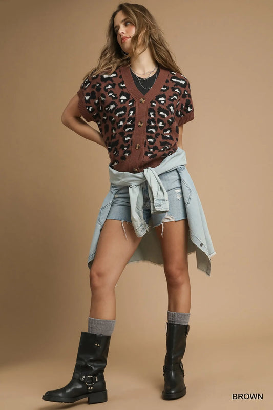 Animal Print Button-Up Short Sleeve Cardigan