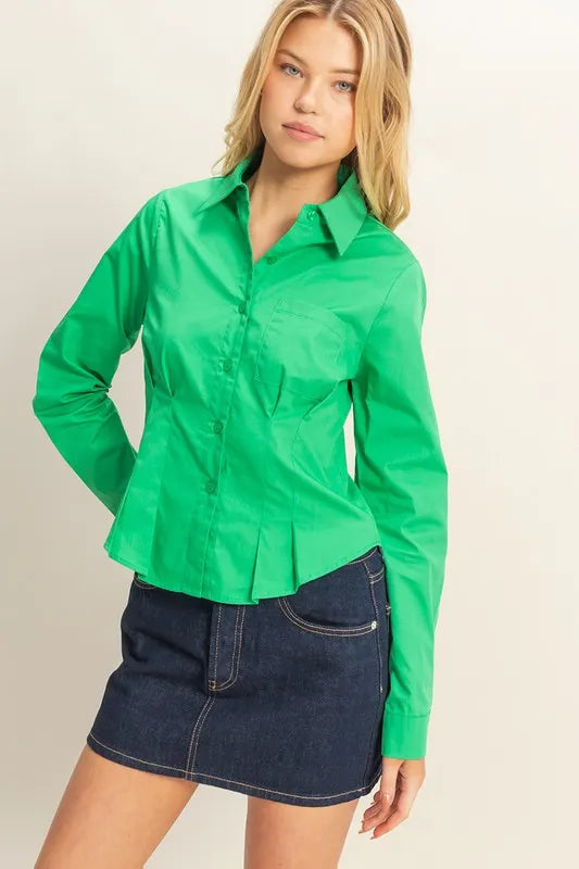 Long Sleeve Pleated Waist Poplin Shirt