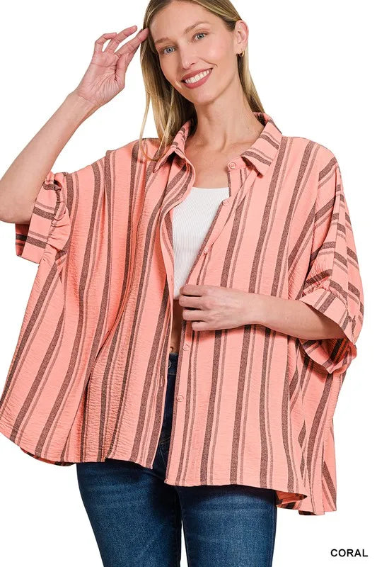 Woven Yarn-Dye Stripe Oversized Button Down Shirt