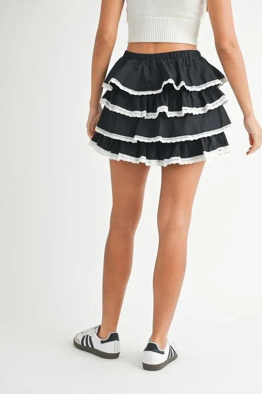 Poplin Ruffle Layered Contract Lace Trim Mini Skirt