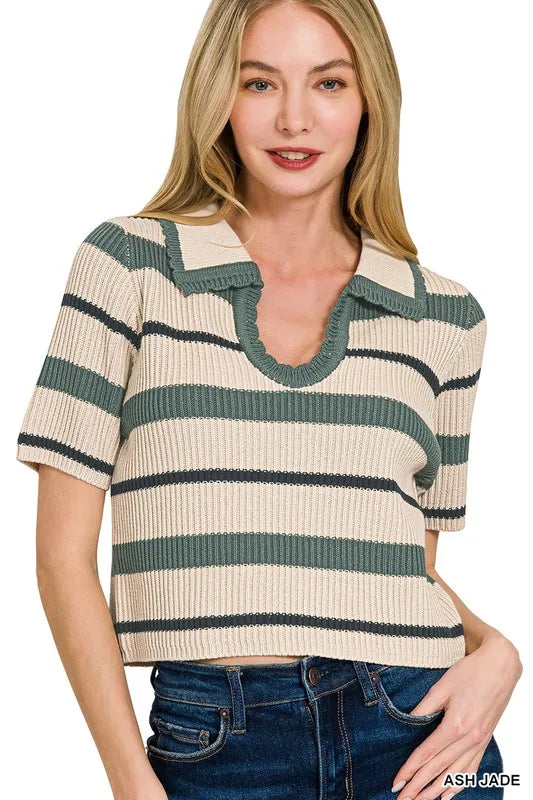 Striped Collared Short Sleeve Cropped Sweater