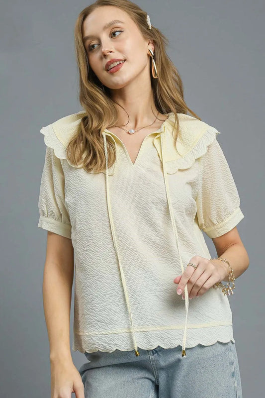 Ivory Ruffled Collar Textured Short Sleeve Blouse