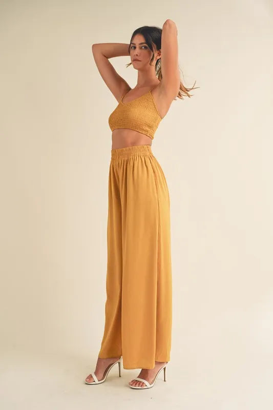 Smocked Bralette Crop Top and Wide Leg Pants Set