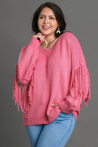 Full Size Fringe Round Neck Long Sleeve Sweater Plus Size