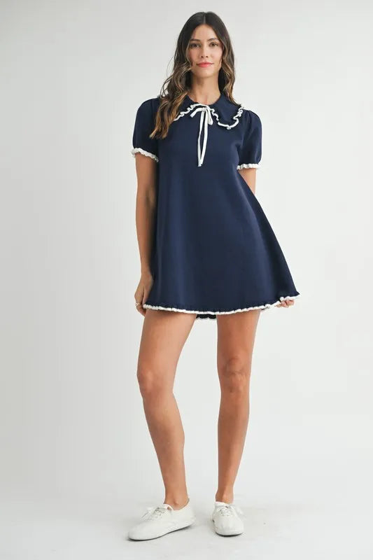 Ruffle Trimmed Collar Fine Knit Mini Dress