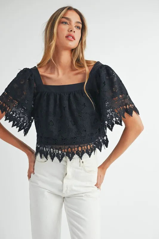 Square Neck Crochet Lace Top With Double Bow Tie