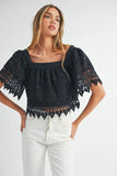Square Neck Crochet Lace Top With Double Bow Tie