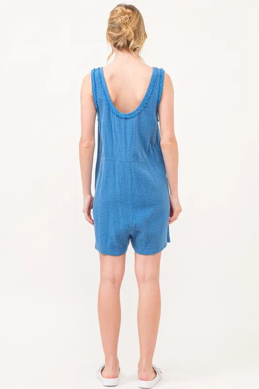 Washed Gauze Front Button Down Romper
