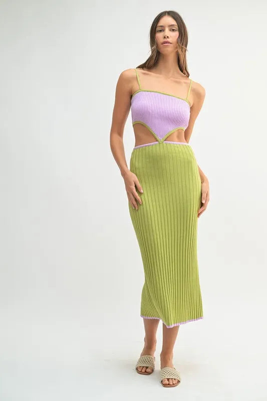 Ribbed Knit Color Block Cutout Midi Dress