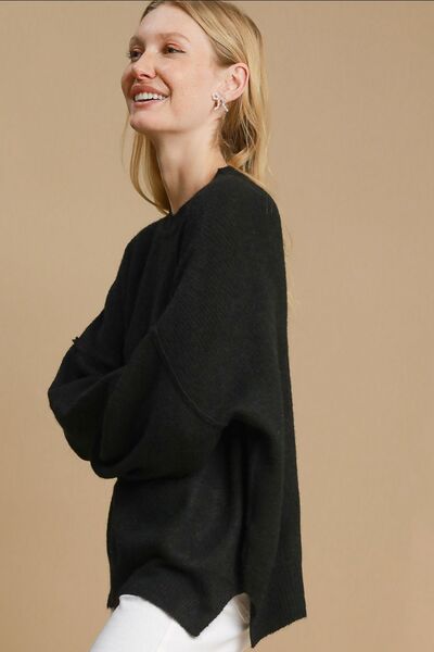 Full Size Side Slit Wool Blend Round Neck Sweater Plus Size