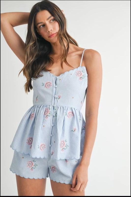 Stripe Embroidered Peplum Cami and Shorts Set