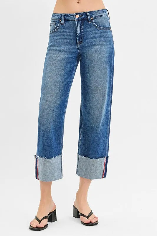 Full Size Mid Rise Crop Jeans with Tummy Control Cuffs