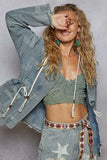 Patchwork Distressed Zip Up Hooded Denim Jacket