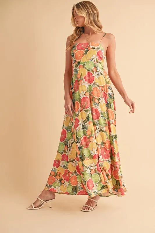 Fruit Print Square Neck Maxi Cami Dress