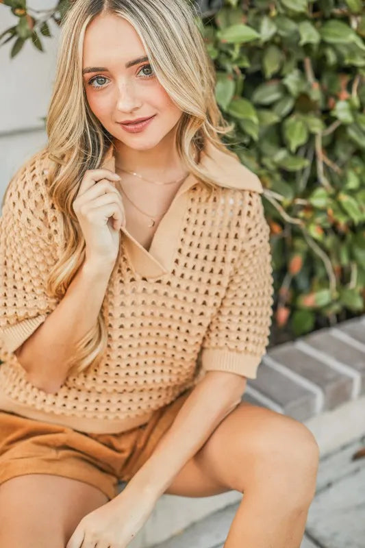 Hollow Out Polo Sweater Top