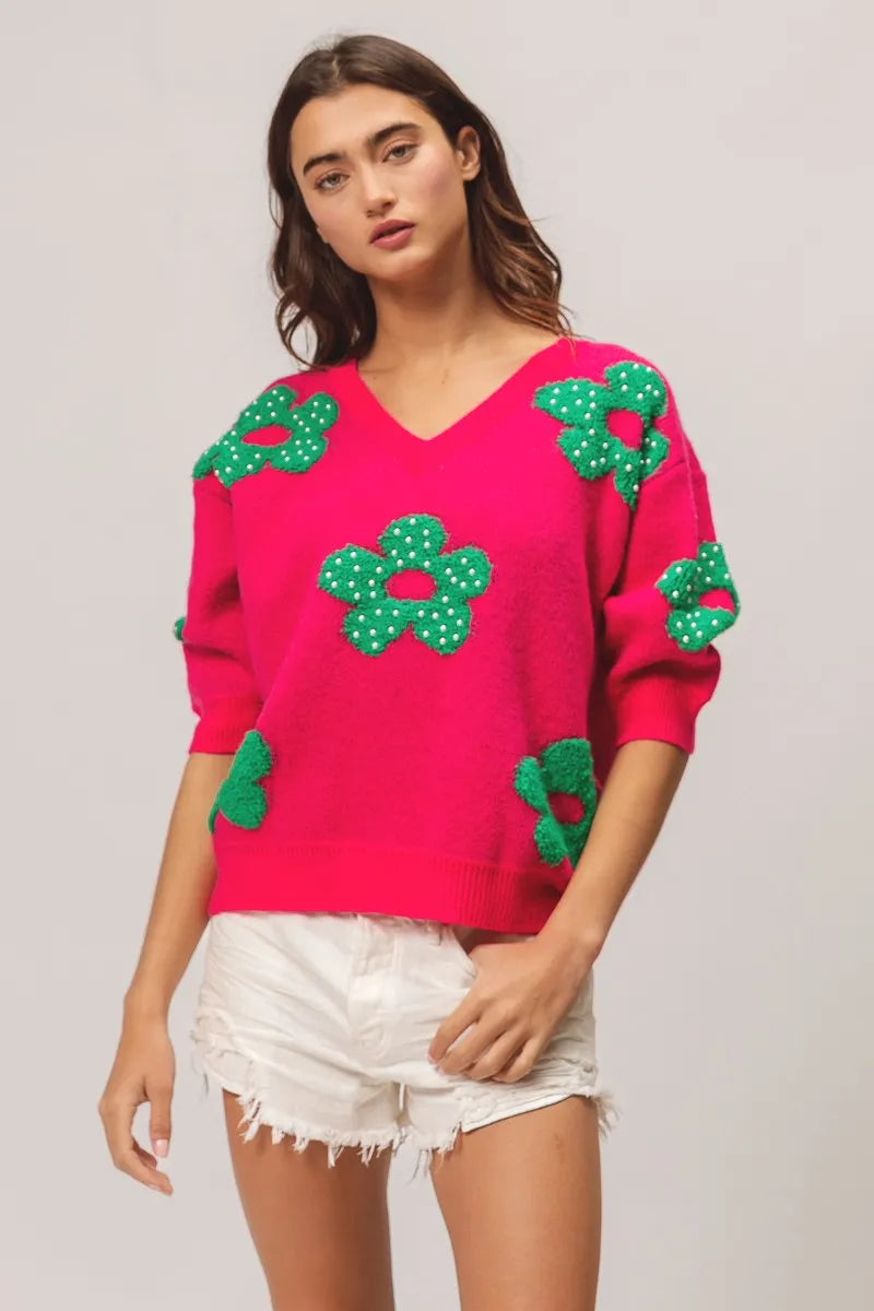 Cactus Knit V-Neck Pullover Sweater