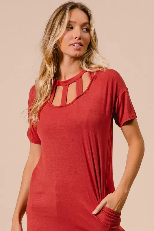 Front Cutout Mini Tee Dress with Pockets