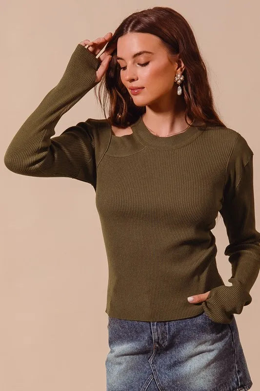Cut-Out Shoulder Ribbed Knit Sweater