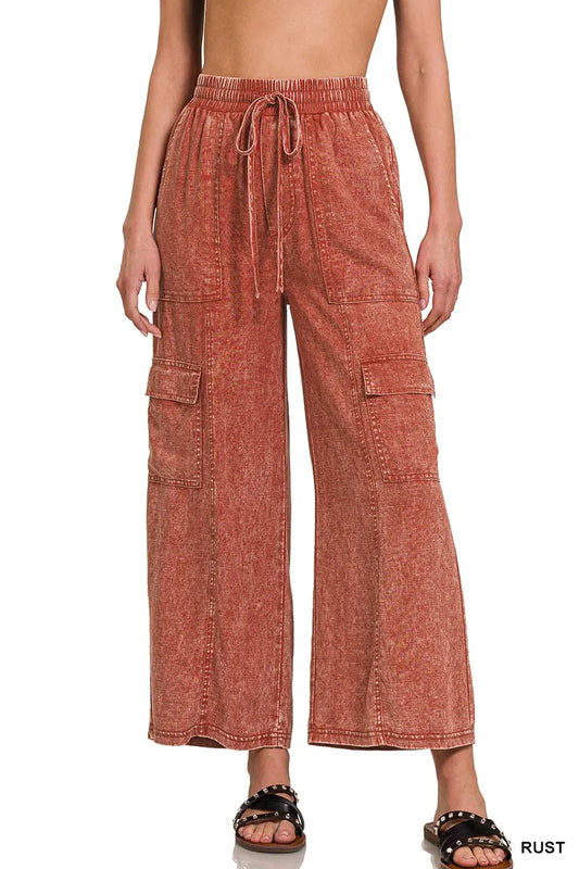 Washed Linen Elastic Band Waist Cargo Pants