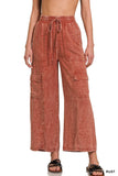 Washed Linen Elastic Band Waist Cargo Pants