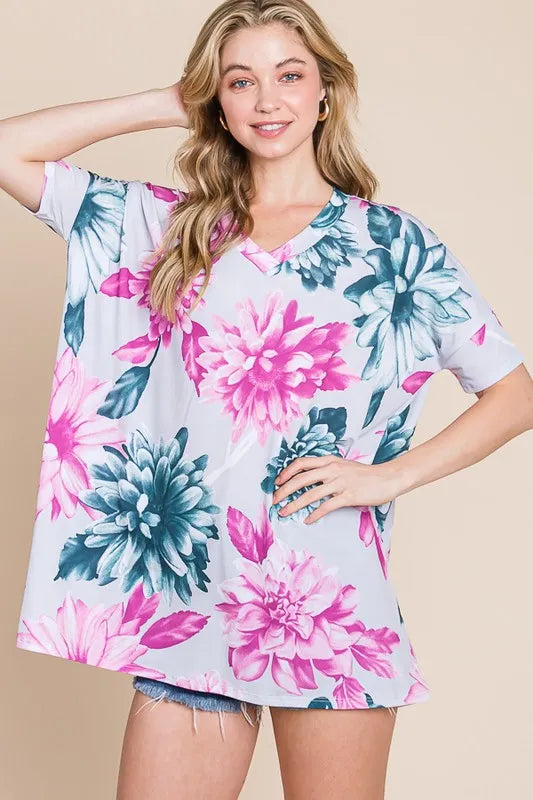 Floral V-Neck Short Sleeve T-Shirt