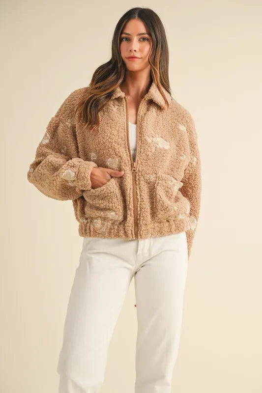 Floral Embroidered Fleece Teddy Jacket