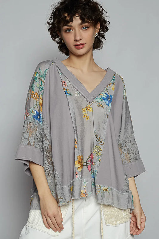 Delicate Lace Trim V-Neck Floral Tee with Raw Edges