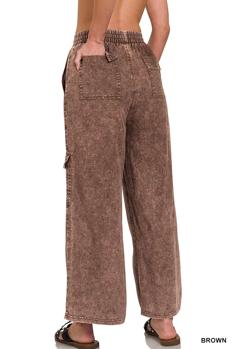 Washed Linen Elastic Band Waist Cargo Pants