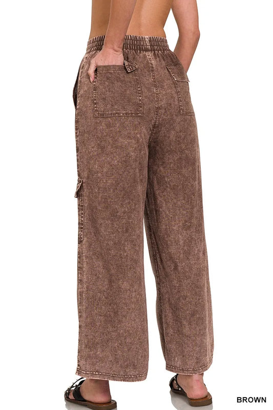 Washed Linen Elastic Band Waist Cargo Pants